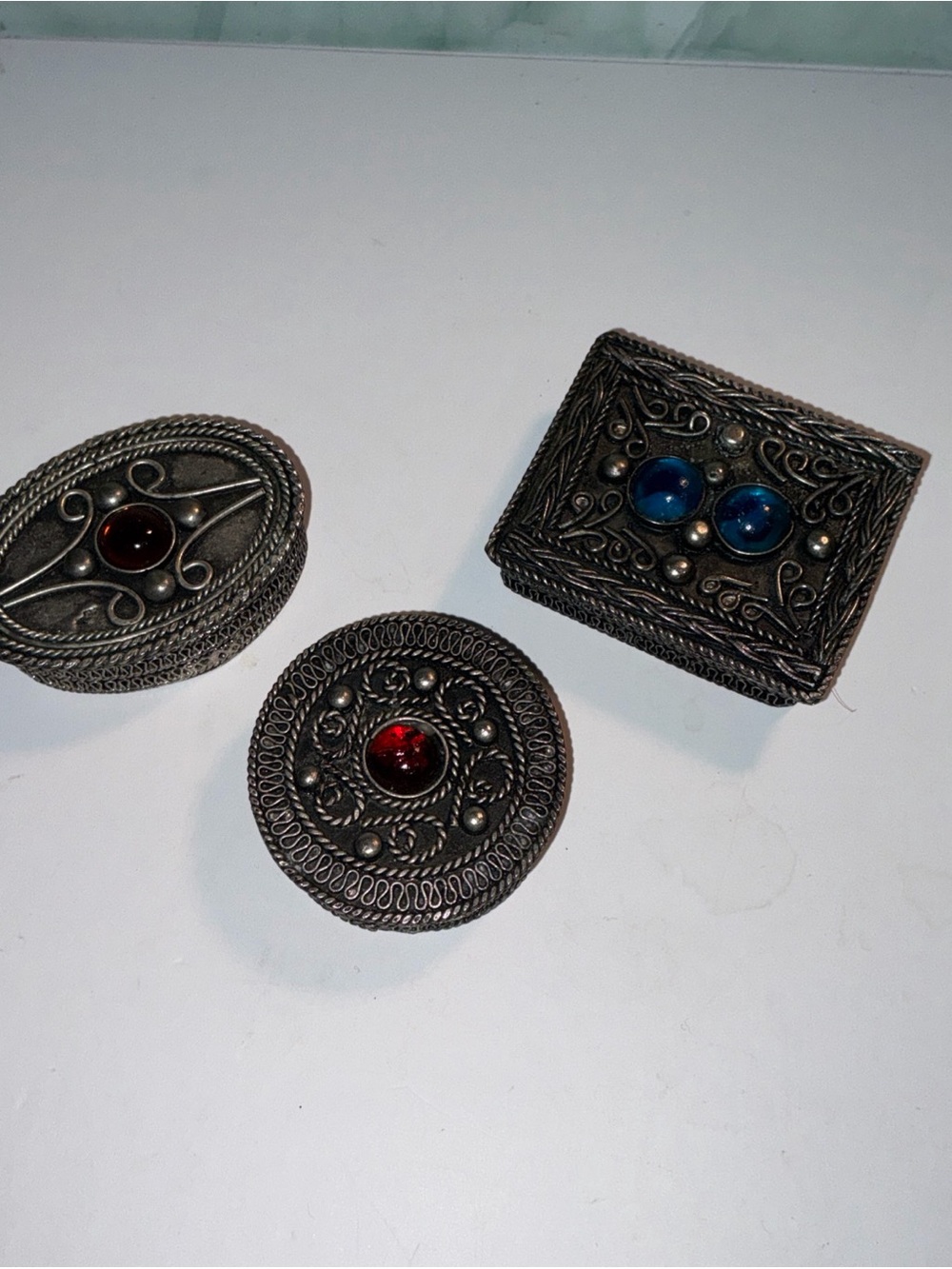 3 vintage metal trinket pill boxes circle oval rectangle orange blue red stones